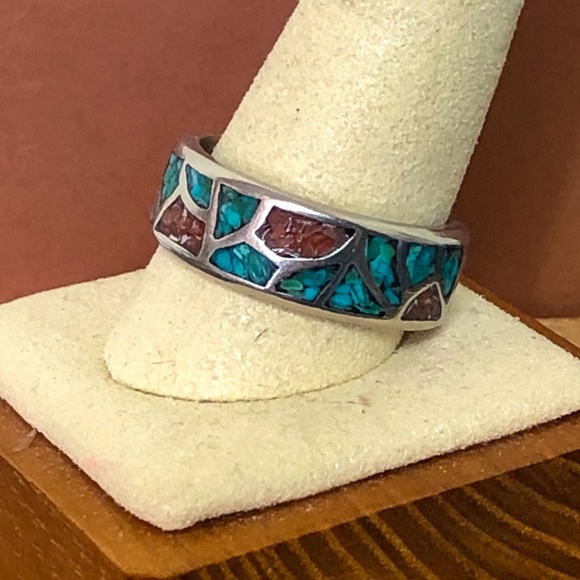 Vintage Jewelry - Southwest Native Sterling Silver Crushed Turquoise Coral Mosaic Ring Sz 12-1/2